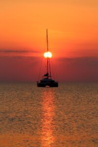 sunset, sailboat, catamaran, baltic sea, island, beach, coast, vacations, dusk, boat, nature, leisure time