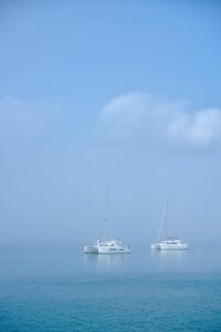 boat, ocean, sea, catamaran, sail, nature, clouds, sailing, vacation, fog, travel